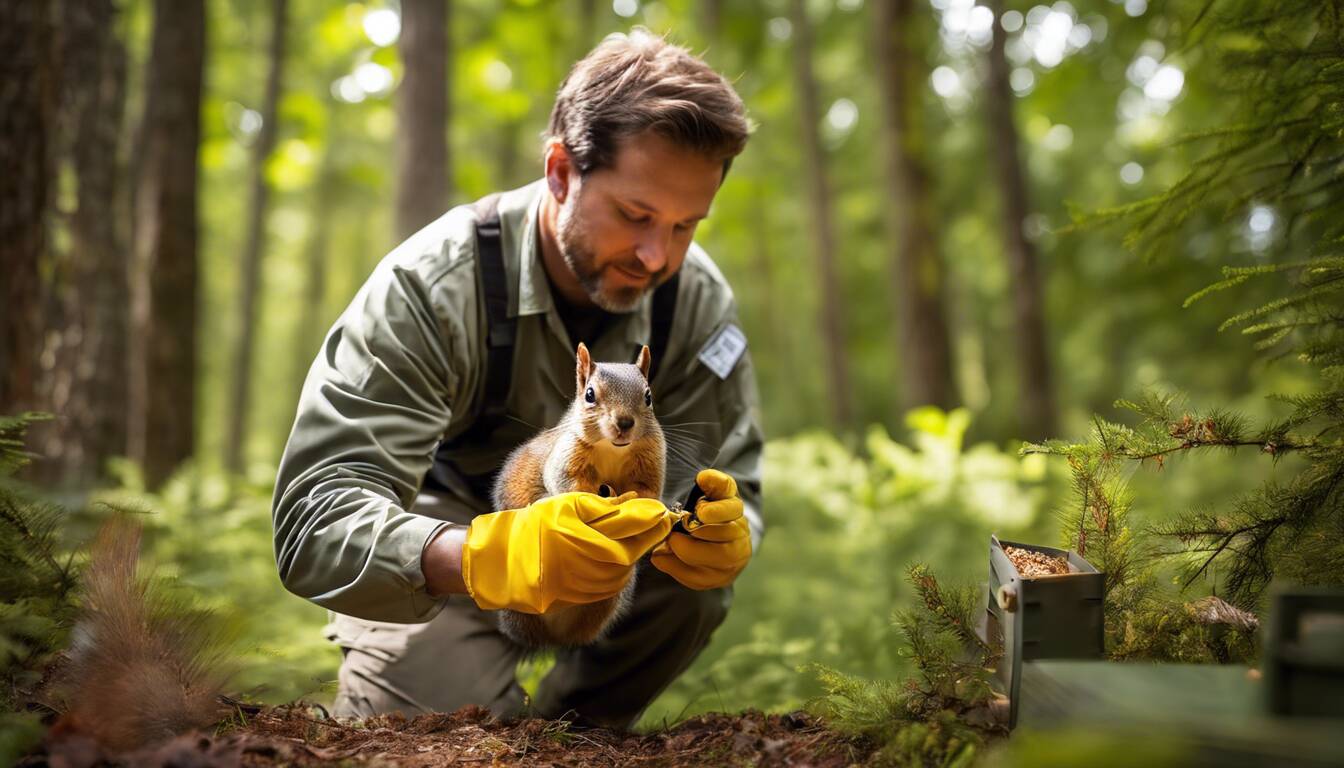 Squirrel removal expert inspecting property